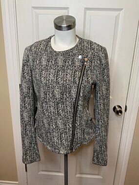 Theory Black White Herringbone Zip-Up Leather Panel Moto Jacket, Size 10